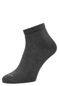 Gray ankle sock made of a smooth, stretchy material. Features a ribbed cuff and a seamless toe design for comfort.