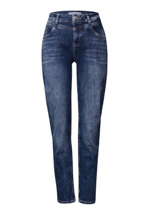 Jeans en denim bleu foncé avec une coupe slim, design à cinq poches, couture visible et fermeture à bouton à la taille. Texture lisse.