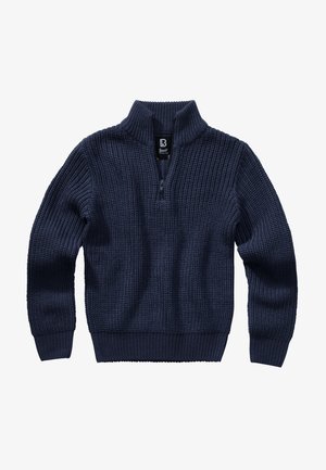 Pull en tricot à motif gaufré bleu marine avec manches longues, poignets et ourlet côtelés, et un col zippé mi-haut avec un col replié.