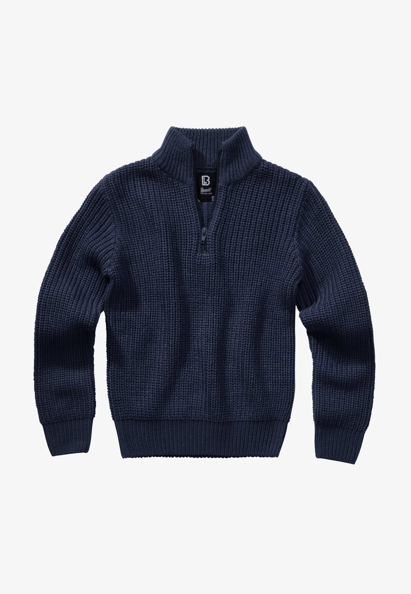 Pull en tricot à motif gaufré bleu marine avec manches longues, poignets et ourlet côtelés, et un col zippé mi-haut avec un col replié.