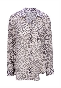 Long-sleeve, button-up shirt in lightweight, sheer fabric with a grey and black leopard print pattern; features a chest pocket and a classic collar.