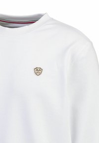 Weißes Sweatshirt aus Baumwolle mit Rundhalsausschnitt und kleinem, beigen Wappenlogo auf der Brust mit dem Text "1969 ITALIA".