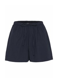 Shorts décontractés bleu marine avec ceinture élastique et cordon de serrage à l'avant, tissu léger, coupe décontractée.