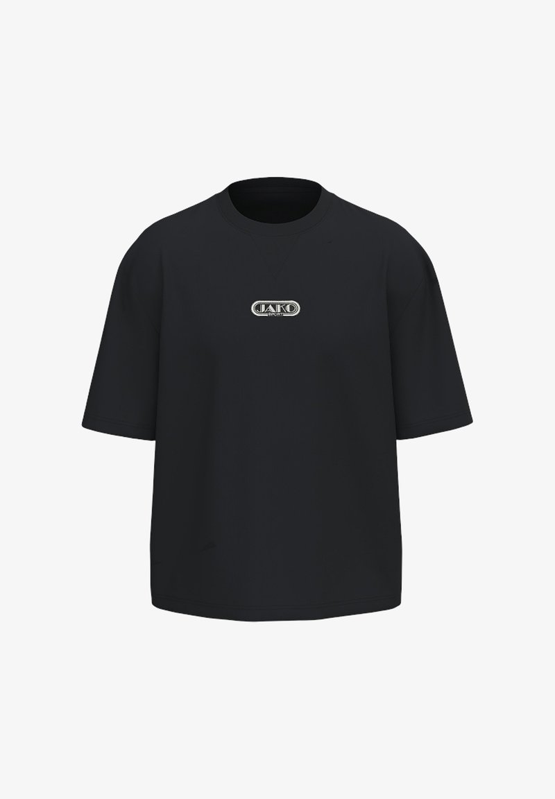 T-shirt noir oversize à manches courtes avec un col rond et un petit logo blanc « JAKO SPORT » centré sur la poitrine.