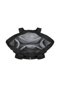 Fekete vászontáska szürke béléssel. Több rekesszel és cipzáros zárással rendelkezik. Tartós anyagból készült, masszív fogantyúkkal és patentgombos részlettel.