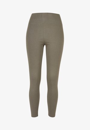 Leggings verde măsliniu cu talie înaltă, realizate dintr-un material elastic. Textură netedă, fără modele vizibile sau detalii de hardware.