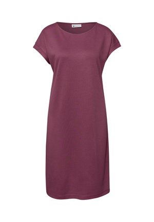 Korte mouwen, knielange casual jurk in pruimkleur met een ronde halslijn en opgevouwen mouwboorden.