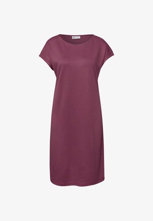 Korte mouwen, knielange casual jurk in pruimkleur met een ronde halslijn en opgevouwen mouwboorden.