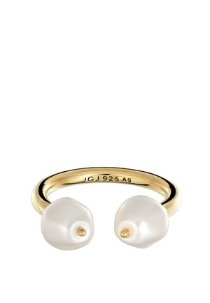 Offener goldener Ring mit zwei unregelmäßigen weißen Perlen, die an jedem Ende von kleinen goldenen Spitzen gekrönt sind.