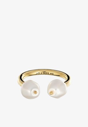 Offener goldener Ring mit zwei unregelmäßigen weißen Perlen, die an jedem Ende von kleinen goldenen Spitzen gekrönt sind.