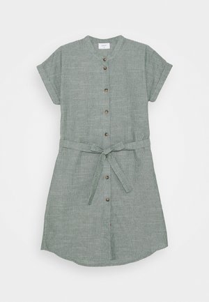 Kurzärmeliges, grau-grün gestreiftes Hemdkleid mit Knöpfen vorne und einem gebundenen Stoffgürtel in der Taille, auf einem weißen Hintergrund präsentiert.