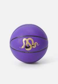 Purple basketball with textured surface, gold accents, and black lines. Features "Mamba Mentality" and Nike logo.