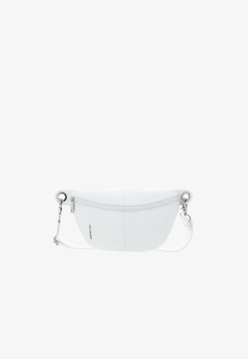 White leather waist bag with silver zipper and detachable strap, featuring round metal grommets on each side.