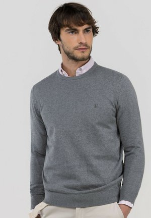 Hombre con cabello oscuro y barba, que lleva un suéter gris sobre una camisa rosa clara con cuello, mirando ligeramente hacia un lado con las manos en los bolsillos.
