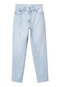 Jean droit bleu clair taille haute avec poches avant, passants de ceinture, fermeture par bouton et fermeture éclair.