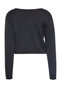 Zwarte, lange mouwen top met een gestructureerd breipatroon, cropped ontwerp en ronde halslijn. Gladde stof met geribbelde accenten bij de manchetten.