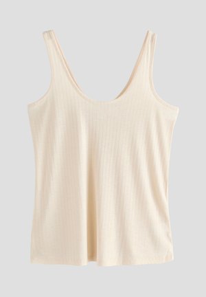 Lagani kremasti top na bretele s rebrastom teksturom, širokim naramenicama i zaobljenim izrezom, s opuštenim krojem i suptilnim detaljima šavova.