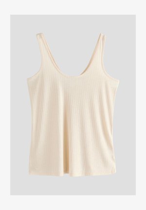 Maiou crem deschis, cu textură côtelată, bretele late și decolteu rotund, având o croială lejeră și detalii subtile de cusături.
