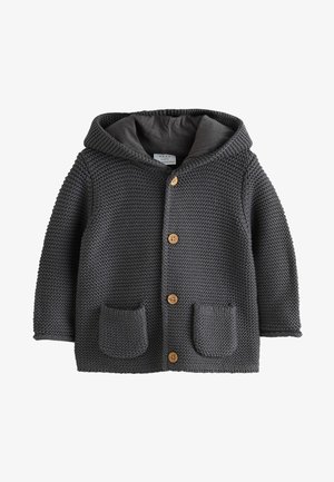 Dunkelgraue gestrickte Babyjacke mit Kapuze, vier Holzknöpfen vorne und zwei Fronttaschen.