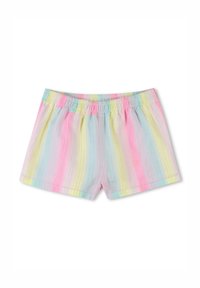 Pantaloni corti a righe pastello con vita elastica, caratterizzati da linee verticali in tonalità di rosa, blu e giallo, realizzati in tessuto leggero.