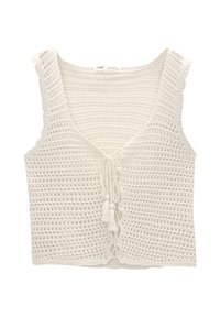 Top in cotone bianco all'uncinetto con scollo a V profondo, bordi scallop e chiusura frontale con fiocco in cui sono presenti delle frange. Design a trama aperta e testurizzata.
