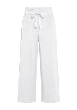 Pantaloni ampi in lino bianco con vita elasticizzata e dettaglio con lacci. Presentano tasche frontali e una consistenza liscia con linee pulite.