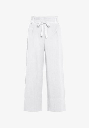 Białe lniane spodnie o szerokich nogawkach z elastycznym pasem i detalem wiązania. Posiadają kieszenie z przodu oraz gładką teksturę z czystymi liniami.