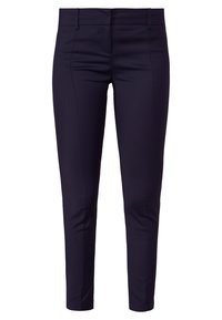 Pantalones de vestir navy con un corte ajustado, tejido elástico, delantero liso y bolsillos laterales discretos. Presenta una textura suave y detalles de costura mínimos.
