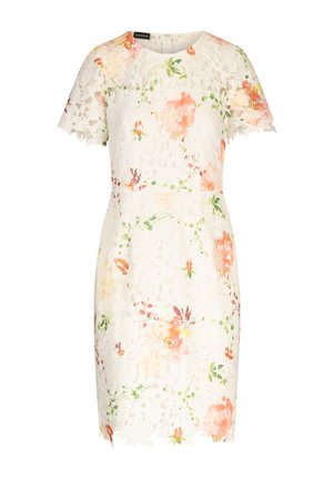 White short-sleeve knee-length dress with floral lace overlay featuring pink, peach, and green flowers, and scalloped edges on sleeves and hem.