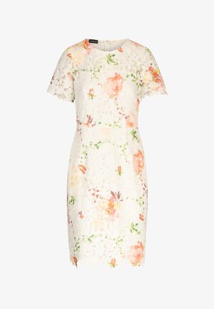 White short-sleeve knee-length dress with floral lace overlay featuring pink, peach, and green flowers, and scalloped edges on sleeves and hem.