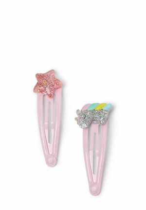 Fermagli per capelli glitterati rosa con design a stella e unicorno, con accenti colorati; texture in plastica liscia e dettagli metallici lucidi.