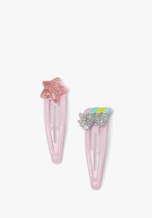 Fermagli per capelli glitterati rosa con design a stella e unicorno, con accenti colorati; texture in plastica liscia e dettagli metallici lucidi.