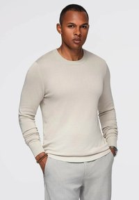 Maglione beige chiaro a girocollo con maniche lunghe, realizzato in un tessuto morbido, con finiture a coste su polsini e orlo.