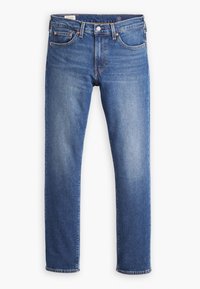 Denim jeans in medium blue with a straight leg cut, five-pocket design, copper hardware, and contrast stitching. Light fading on fabric.