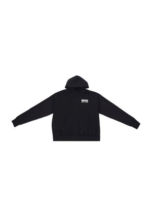 Zwarte hoodie gemaakt van zachte stof. Heeft een voorzak en ribgebreide manchetten. Het voorontwerp bevat een logo in witte tekst.