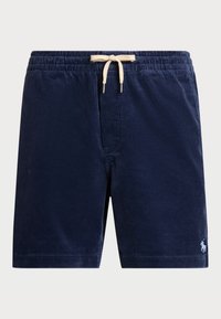 Marina blå kordshorts med elastisk midjeresår, krämfärgad snörning och en liten broderad logotyp längst ned till vänster.