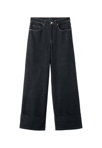 Vaqueros de pierna ancha en denim oscuro con dobladillo enrollado, bolsillos delanteros y costuras en contraste. Fabricados con tejido de denim resistente para mayor durabilidad.