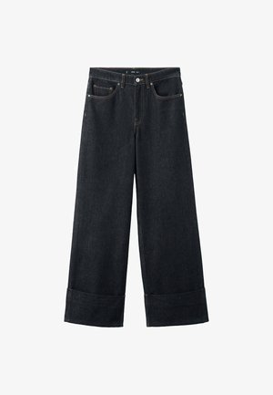 Vaqueros de pierna ancha en denim oscuro con dobladillo enrollado, bolsillos delanteros y costuras en contraste. Fabricados con tejido de denim resistente para mayor durabilidad.