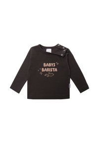 Langarmiges schwarzes Baby-Shirt mit dem Aufdruck "BABY'S BARISTA" in hellbraun und grafischen Elementen. Druckknopfverschluss an der Schulter für ein einfaches Ankleiden.