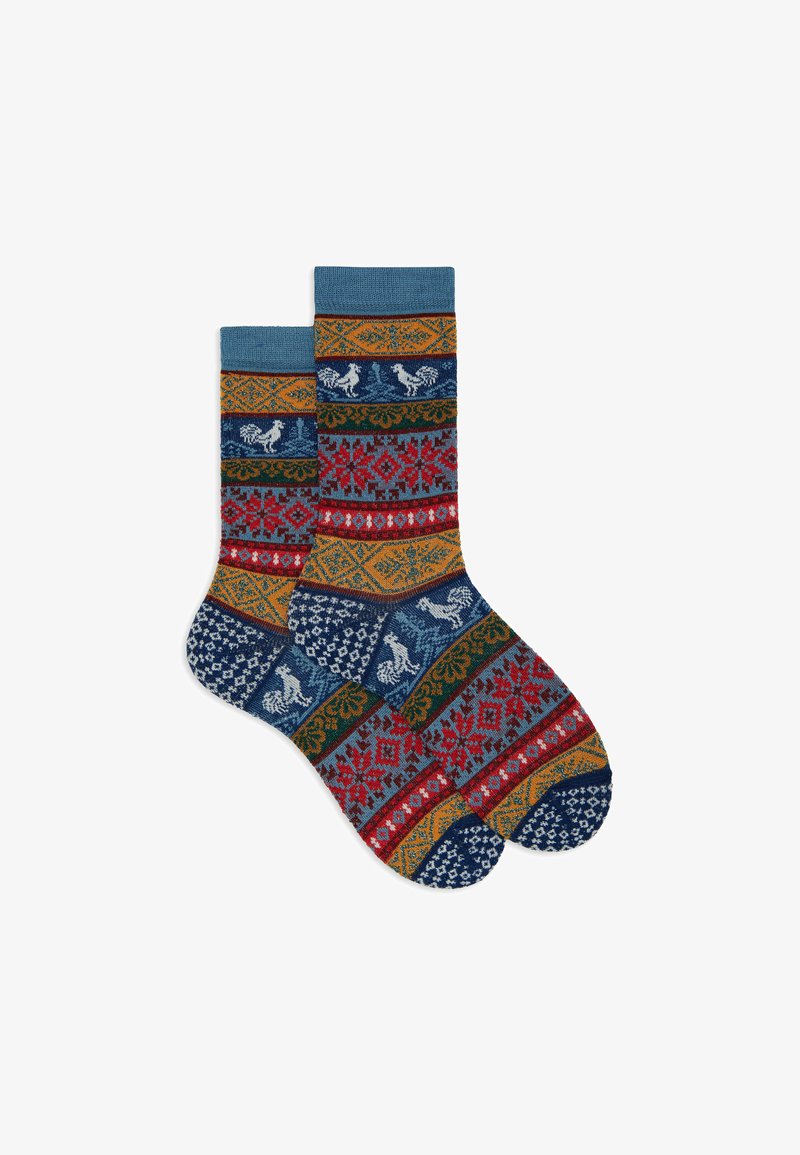 Calzini lavorati a maglia con motivi blu, rossi, verdi e gialli, inclusi animali e disegni geometrici, con polsino a coste per una migliore vestibilità.