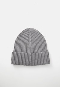 Grey ribbed knit beanie with folded cuff, displayed flat on a white background.