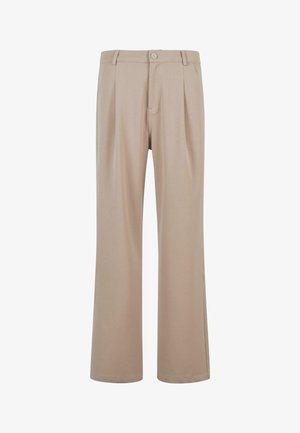 Beige pleated pants made of smooth fabric with a straight leg design, featuring a button closure and subtle stitching details.