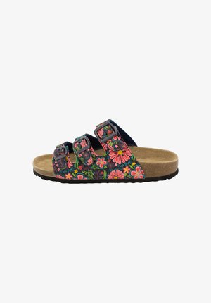 Sandalen met bloemenmotief en drie verstelbare banden, kurken voetbed, marineblauwe achtergrond en een gestructureerde zwarte rubbersole.