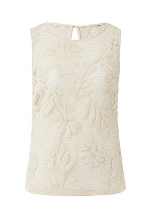 Bezrękawnik w kremowym kolorze z fakturowanym, koronkowym wzorem kwiatowym. Posiada dekolt typu łezka z tyłu oraz okrągły dekolt na przodzie.