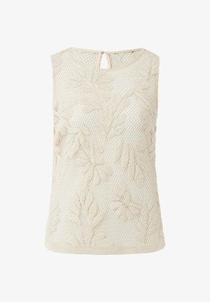 Bezrękawnik w kremowym kolorze z fakturowanym, koronkowym wzorem kwiatowym. Posiada dekolt typu łezka z tyłu oraz okrągły dekolt na przodzie.