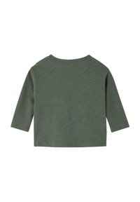 Grünes langärmeliges Shirt aus weichem Stoff, mit rundem Ausschnitt und geradem Saum. Die Rückseite ist schlicht, ohne Muster oder Akzente.