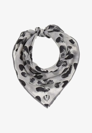 Silk scarf in gray with a black abstract polka dot pattern. Triangular shape with a knotted finish. Smooth texture and visible brand logo.