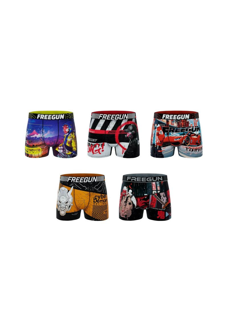 Cinq paires de caleçons colorés avec des designs graphiques inspirés de l'urbain et de l'anime, et un logo "FREEGUN" sur la ceinture.