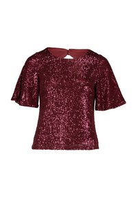 Top borgogna a maniche corte ricoperto di paillettes, con scollatura rotonda e design a chiave sul retro. Tessuto liscio con dettagli lucidi.
