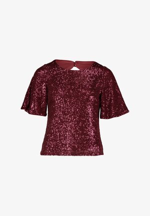 Burgunderfarbenes kurzärmeliges Oberteil, das mit Pailletten bedeckt ist, mit einem runden Ausschnitt und einem Schlüsselloch-Design im Rücken. Glattes Material mit glänzenden Akzenten.